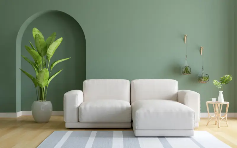Viitorul Amenajarilor Interioare , imagine interior casa amenajat minimalist cu o canapea si cateva plante