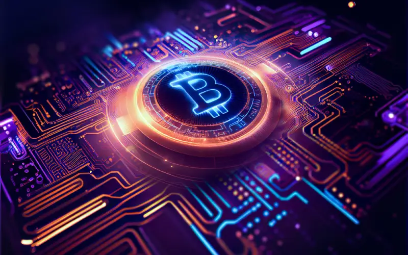 Blockchain și Criptomonede , imagine abstracta cu o moneda virtuala in centrul unui circuit