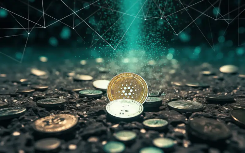 Blockchain și Criptomonede , imagine abstracta cu monede pe pamant